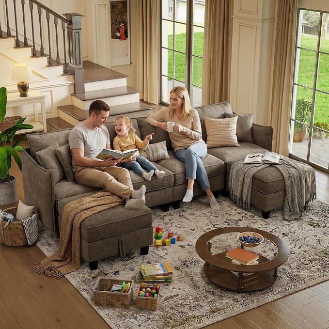 WorthFurni 112" Modular Sectional Sofa U Shape Couches with Storage Ottoman and Washable Cushion Cover for Living Room, Bedroom, Apartment(Brown)