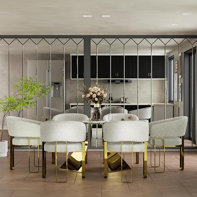Dining Chairs Set of 6, White and Gold Barrel Boucle Dining Chairs with Arms and U-Shaped Mirrored Gold Legs, Contemporary Side Chairs for Dining Table, Kitchen and Dining Room Restaurant