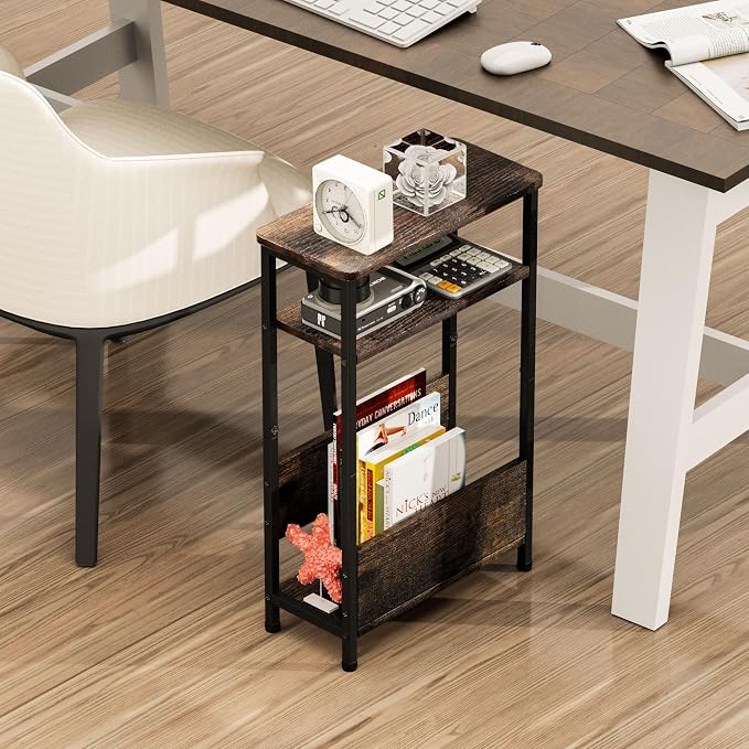 THUMEYE 7.1" Narrow Side Table for Small Spaces, 3 Tier Small End Table with Magazine Holder, Slim/Skinny Nightstand/Bedside Table for Living Room, Bedroom, 15.4" L x 24.2" H