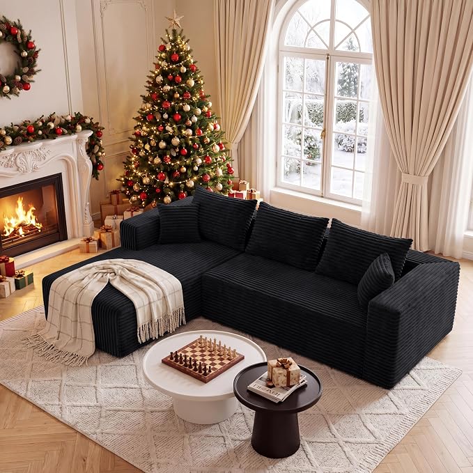 Modular Sectional Sofa, Boneless Compressed Sofa in a Box, L-Shaped Cloud Couch with Deep Seats & Chaise for Living Room, No Assembly Required (Black, 92.5" L-Shape with Left Facing Chiase)