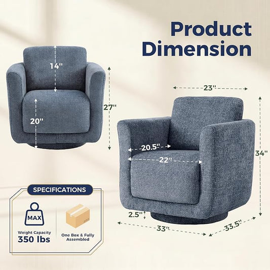 Swivel Accent Chair, 360° Barrel Armchair with Solid Wood Frame & Ergonomic Back Cushion, Fully Assembled Chenille Swivel Chair for Living Room, Bedroom, Office, Blueberry Blue