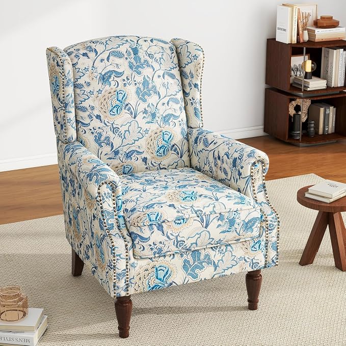 High Back Accent Chairs Set of 2, Floral Wingback Chair Fabric Upholstered Armchair for Living Room, Nailhead Trim Single Sofa Bedroom Reading Seat - Boho Blue