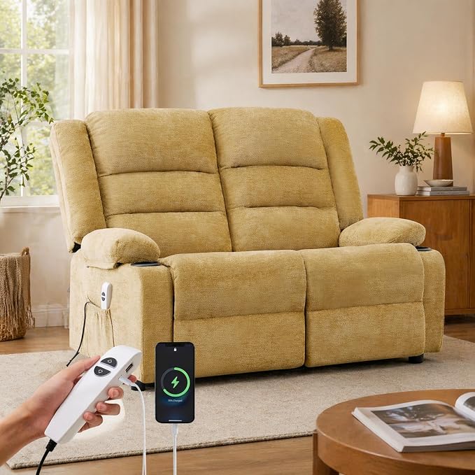 52Inch Reclining Loveseat Sofa,Power Loveseat Recliner,Electric Love seat Recliner Sofa for Bedroom,Living Room with Charging Ports,Yellow