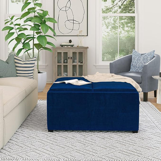 SIMPLIHOME Avalon Wide Contemporary Square Coffee Table Storage Ottoman, Blue, Table Ottoman