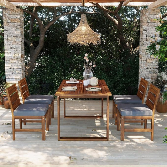 Quarte Premium 4-Piece Farmhouse Outdoor Dining Set in Solid Acacia Wood with Comfort Cushions and Adjustable Legs for Patio, Garden, Backyard (Brown+Gray5)