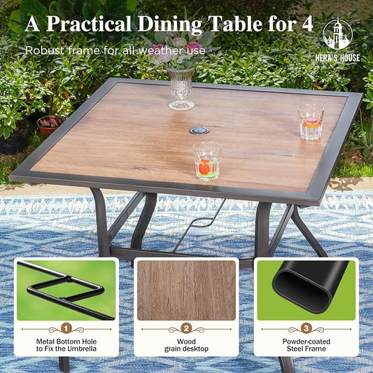 HERA'S HOUSE Outdoor Dining Set 5 Piece Patio Furniture Set, 4 x Textilene Dining Chair, 37" Square Wood Look Table for Lawn Garden Backyard Deck, Red