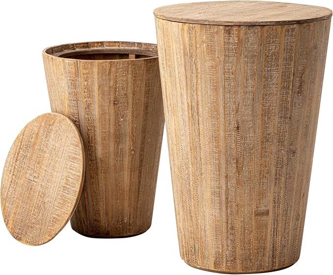 Aoikax Farmhouse Nesting Barrel Side Table, Fully Assembled, Natural | Rustic Space Saving Storage End Table Set, Natural Wood Finish
