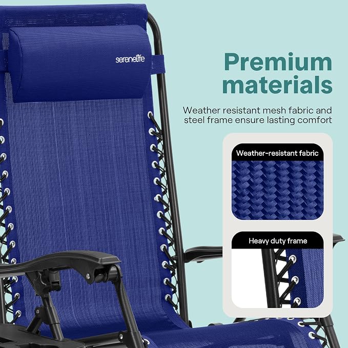 SereneLife Outdoor Zero Gravity Lounge Chair Set with Table – 2 Adjustable Recliners with Cup Holders, Headrest, Steel Frame & Foldable Design for Patio, Pool, Garden, or Camping