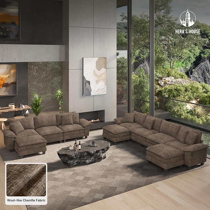 HERA'S HOUSE 88" Modular Sectional Sofa, L Shaped Couches for Living Room, Comfy Cloud Couch with Ottoman, 3-Seater Deep Seat Sofa with Throw Pillow, Chenille Grayish Brown