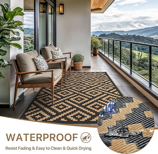 GENIMO Outdoor Rug for Patio Clearance,6'x9' Waterproof Mat,Reversible Plastic Camping Rugs,Rv,Deck,Porch,Camper,Balcony,Backyard (Black & Brown)
