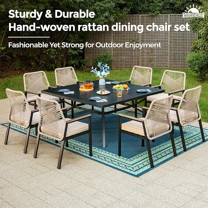 Patio Dining Set 9 Piece, 8 x Woven Rattan Chairs with Waterproof Cushion, 57.5" Square Wood-Like Metal Table with Umbrella Hole, Outdoor Table and Chairs Set for Backyard Lawn and Deck, Beige