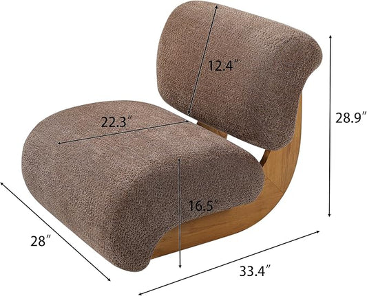 Merax 28" Modern Curved Boucle Accent Chair with Solid Wood Base, Mid-Century Armless Upholstered Slipper Lounge Chair for Living Room, Bedroom, Reading Nook, Natural + Brown