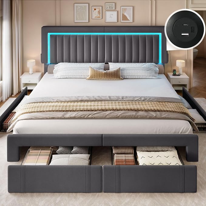YITAHOME King Size Bed Frame with Adjustable Headboard, 4 Storage Drawers and RGB LED Lights, Velvet Upholstered Platform Bed with USB Ports, No Box Spring Needed, Fast Assembly, Noise-Free, Dark Grey