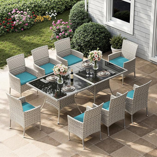 10-Piece Patio Dining Set, Patio Furniture Set with Square Tempered Glass Table & 8 Wicker Chairs, Expandable Design for Larger Groups, Outdoor Furniture for Backyard, Deck, Garden, Turquoise
