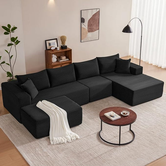 Mangodan 140” Cloud Sectional Couch, Boneless Sofa for Living Room, Modular Sectional Sofa with Deep Seat, Comfy Fluffy U-Shaped Couch with Right-Facing Chaise, No Assembly Required, Black