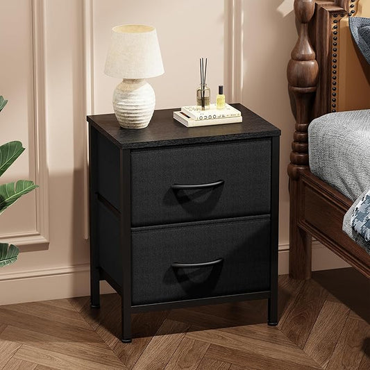 Sweetcrispy Nightstand Set of 2 with 2 Storage Drawers, Small Bedside Table | 20" Height Furniture End Table, Wooden Top Fabric Cabinet for Bedroom, Closet, Entryway, Black 2PC