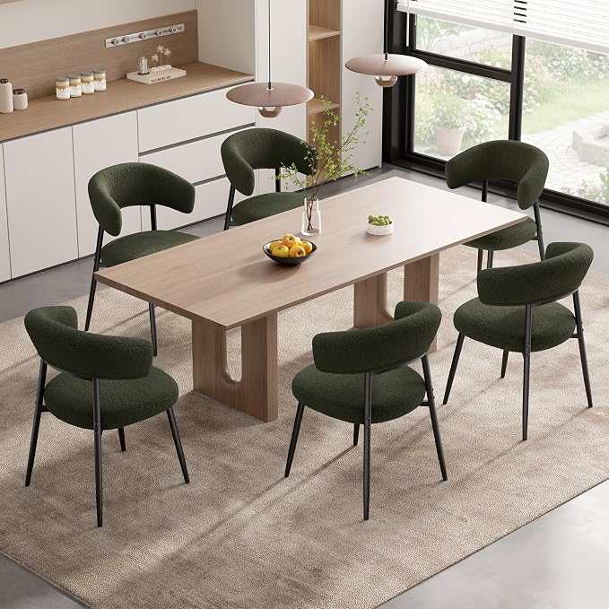 Dining Chairs Set of 2, Mid Century Modern Kitchen Chairs, Boucle Upholstered Dining Chair with Curved Backrest & Metal Legs for Kitchen Dining Room, Green