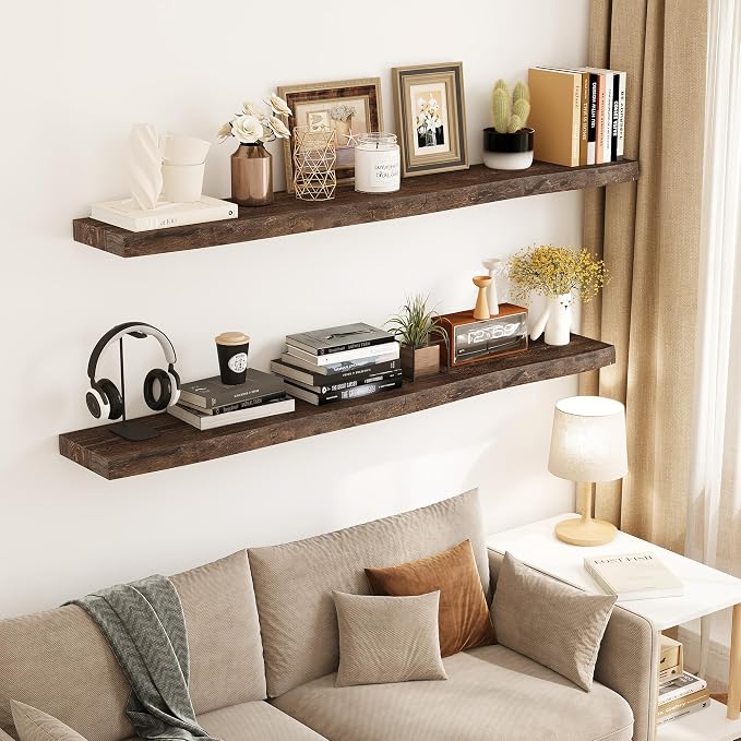 Vivelove Live Edge Floating Shelves for Wall Solid Elm Wood, Rustic Farmhouse Wall Shelf with Invisible Bracket for Living Room Bedroom Bathroom Office Book, 32 Inches - Set of 2 - Dark Walnut