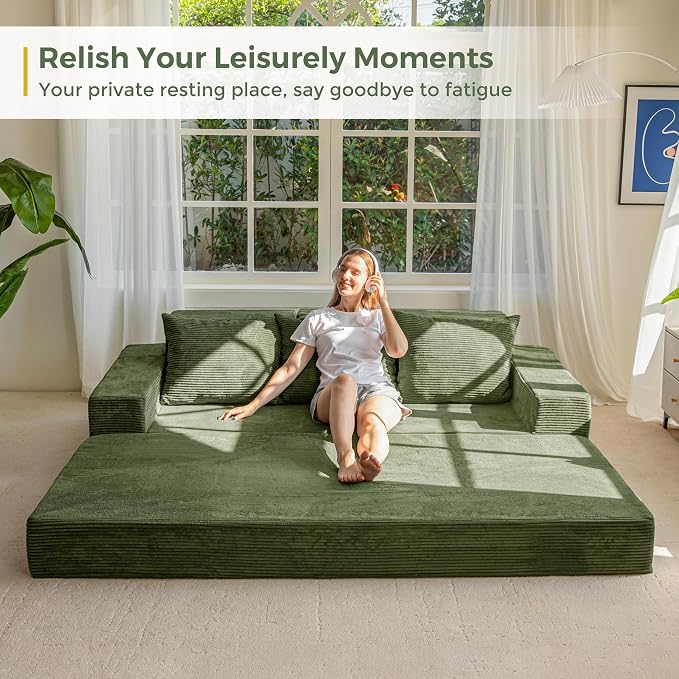 MAXYOYO Convertible Sofa Bed, 80" Oversized Boneless Loveseat Couch 4 in 1 Foldable Floor Sofa Couch in A Box with 2 Cup Holders, Folding Chair for Living Room, No Assembly Required, Green