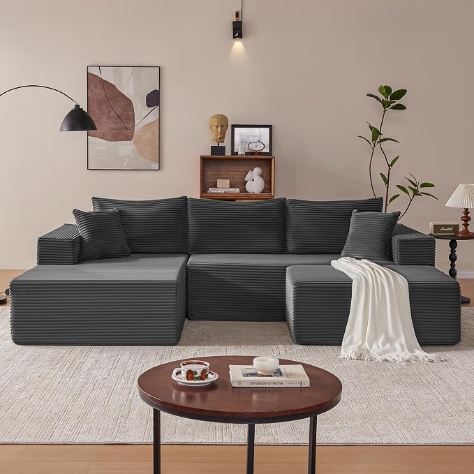 Mangodan 110” Cloud Sectional Couch, Modular Sectional Sofa with Deep Seat, Boneless Sofa for Living Room, Fluffy Comfy U-Shaped Couch with Left Facing Chaise, No Assembly Required, Grey