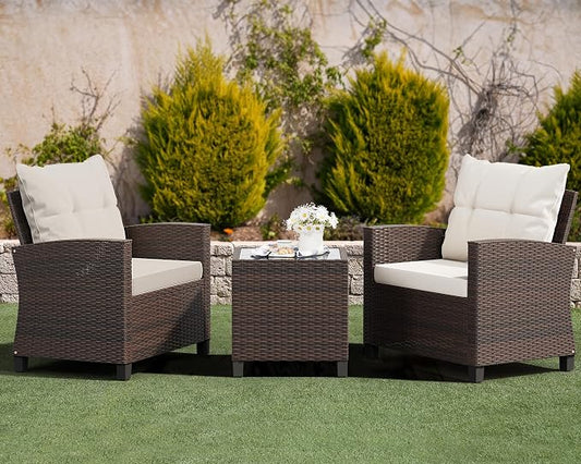 Shintenchi 3 Pieces Patio Furniture Set, PE Rattan Wicker 3 Pcs Patio Set, Outdoor Furniture Set with Two Outdoor Chairs and Table, Conversation Set for Garden, Poolside, Balcony, and Porch(Beige)