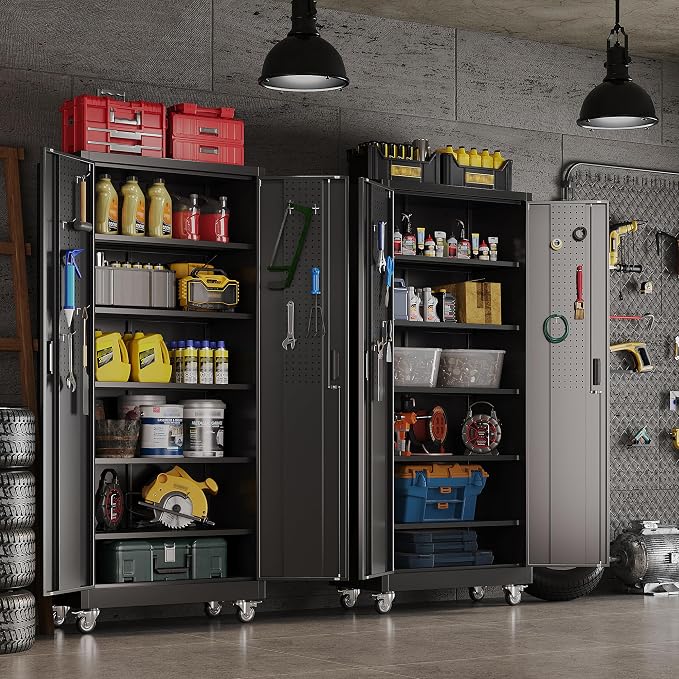 Reemoon 71" H Garage Storage Cabinets with 5 Adjustable Shelves and Door Pegboard,Metal Storage Cabinets with Wheels for Garage Home,Required Assembly,Black