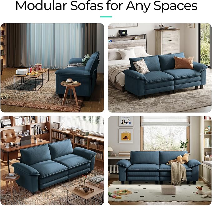 LINSY HOME 90" Modular Cloud Love Seat Sofa, Corduroy Soft Sectional Couch, Modern Comfy Love Seat, Perfect for Living Room, Apartment, Office, Blue