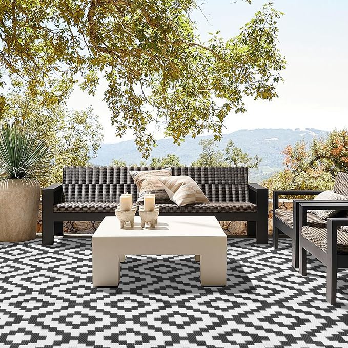 SAND MINE Waterproof Outdoor Rug 8x10 ft, Plastic Reversible Rug, Modern Area Rug, Large Floor Mat for Outdoors, RV, Patio, Backyard, Deck, Picnic, Beach, Camping (8' x 10', Black & White Lattice)