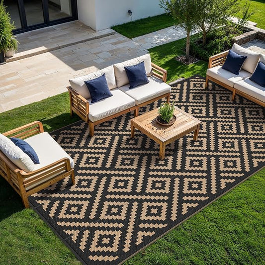 GENIMO Outdoor Rug for Patio Clearance, 10'x14' Waterproof Large Camping Mat, Reversible Plastic Straw Rugs for RV, Camper, Balcony, Backyard, Picnic, Deck (Black & Brown)