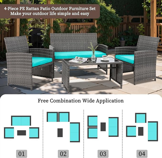 4 Piece Patio Ratten Set Outdoor Furniture Set Wicker Conversation Sets with Cushions and Tempered Glass Tabletop,Blue