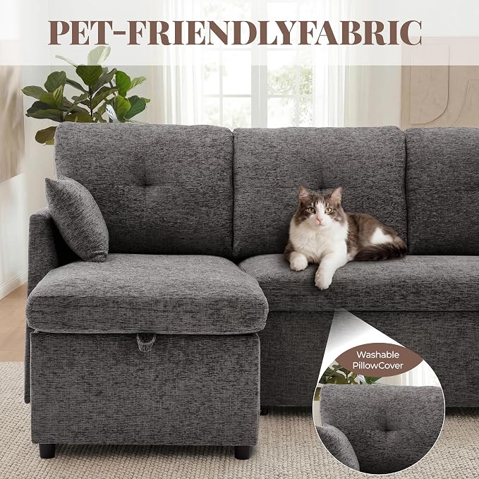 Huatean Home 100" Oversized Sleeper Sofa Couch, 2 in 1 Pullout Couch Bed with Side Pockets for Living Room, Sectional Sleeper Sofa Bed with Double Storage Chaise, Darkgrey
