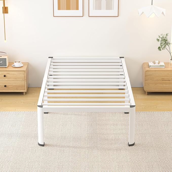 Superay 18 Inch Twin Size Metal Bed Frame with Round Corners, Storage Space Under High Bed Frame-Heavy Duty Steel Slats Support, Noise Free - Easy Assembly - No Box Spring Needed,White
