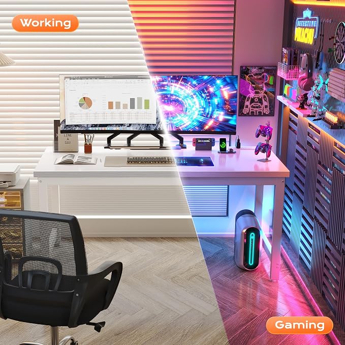 Huuger 55 x 24 inch Desk with Power Outlets & USB-C, Deeper & Thicker Desktop, Robust Metal Tubes, Computer Desk, Heavy Duty Office Desk, Work Gaming Desk for Home Office, White