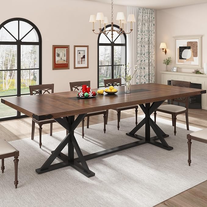 Hlivelood Dining Table for 8 10 People,Rectangular Kitchen Farmhouse Table W/Waterproof Wood Tabletop,Long Dining Room Tables W/Wood Strip Base for Kitchen Living Room(94IN BR&BK)