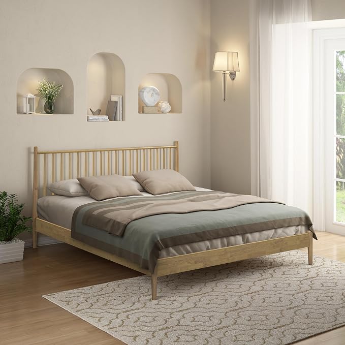 NTC Inno Wooden Bed Frame with Headboard, Solid Oak and Rubber Wood Foundation with Silent Slats and Wood Central Supports, 1000 Lb Capacity, Effortless Assembly, King - Sand
