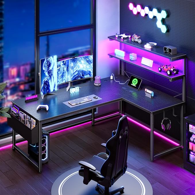 DurayLoly L Shaped Gaming Desk with No Side Bar Shelf for Small Space,Black | Open-Side Storage Rack with Printer Space and Hooks, Neat Arrangement & High Space Utilization