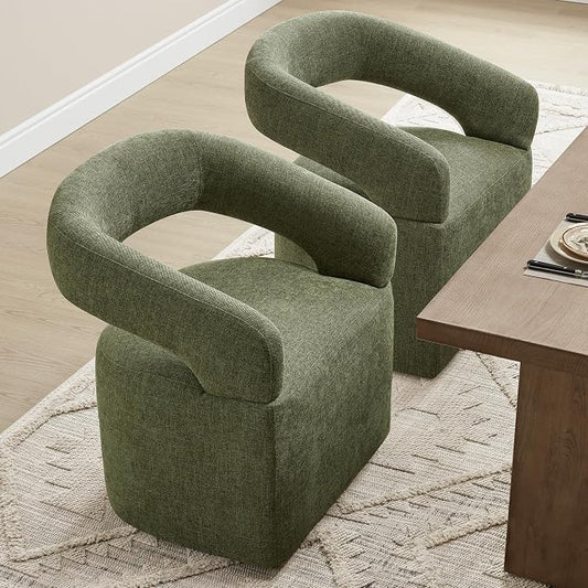 KISLOT Upholstered Dining Chairs Set of 2, Modern Rolling Dining Chairs with Hidden Casters, Arm Kitchen Chairs with Linen Look Fabric, Padded Barrel Chairs for Dining Room, Kitchen, Bedroom, Green