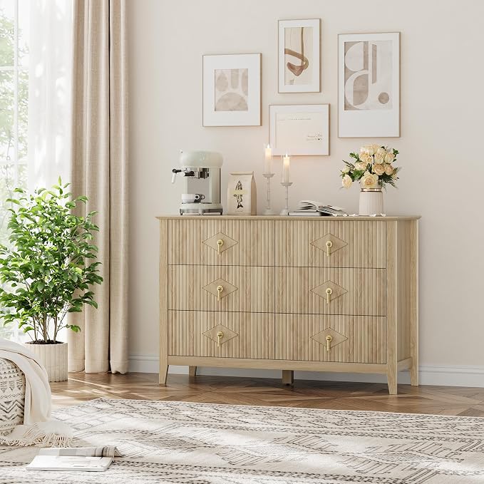 GarveeHome Fluted Dresser for Bedroom, 47.2 Inch Wide 6-Drawer Wood Dresser, Modern Chest of Drawers, Storage Organizer Cabinet for Living Room, Hallway, Entryway, Natural Oak
