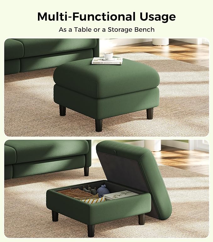 Welzona Teddy Storage Ottoman, 26.7" Large Living Room Ottoman, All-Wood Coffee Table Ottomans with Storage, Tool-Free Setup Ottomans for Living Room, Bench for Bedroom, Green