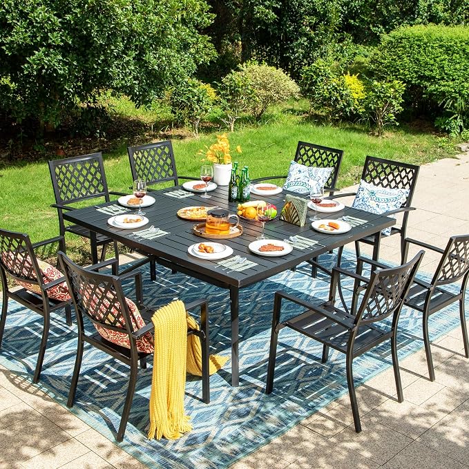PHI VILLA 9 Piece Outdoor Dining Set for 8, 57.5" Metal Square Table with Umbrella Hole & Stackable Wrought Iron Chairs, All Weather Large Furniture Set for Patio, Deck, Backyard, Porch - Black