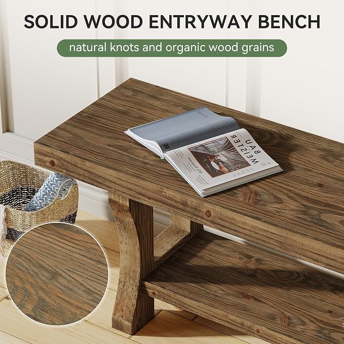 Solid Wood Entryway Bench, 55" End of Bed Bench, Long Indoor Dining Seat for Hallway, Bedroom, Living Room, Dining Room, Easy Assembly, Dark Brown