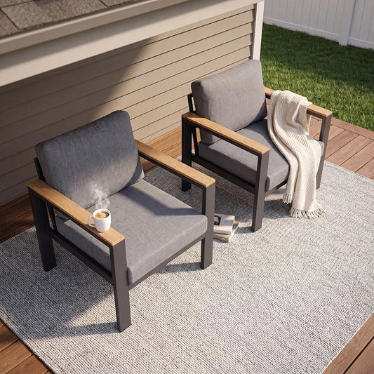 2 PCS Single Seat Aluminum Patio Chairs, Outdoor Furniture with 1.5mm Thick Powder-Coated Frame, Water Repellent Removable Cushions, Lightweight Single Chairs for Balcony Porch Backyard