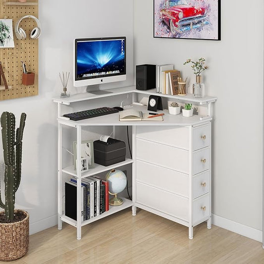 VENNQD Corner Desk with Drawers Shelves for Small Space 90 Degrees Triangle Computer Desk with Power Outlets,Gaming Desk with LED Lights Monitor Stand for Home Office Workstation Writing Table (White)
