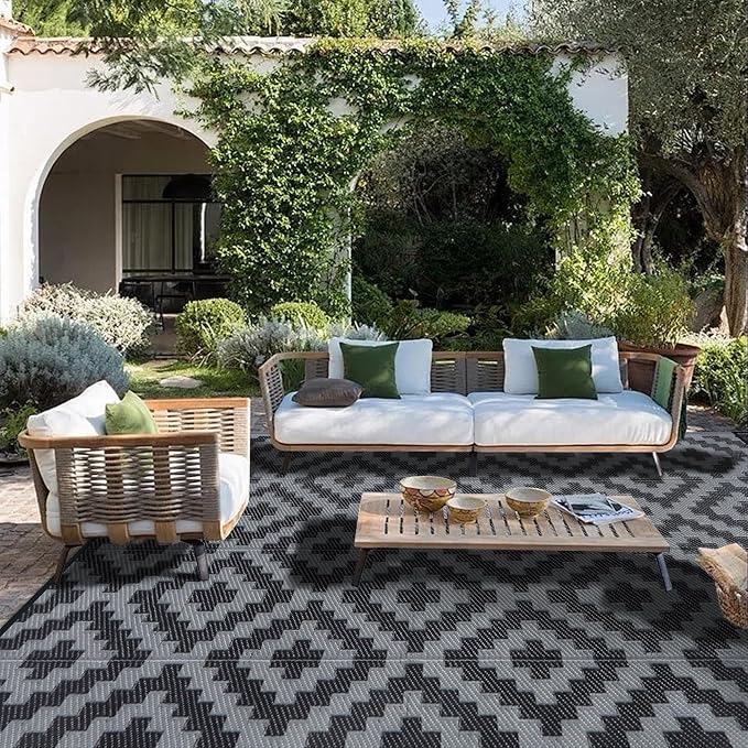 SAND MINE Waterproof Outdoor Rug 9x12 ft, Plastic Reversible Rug, Modern Area Rug, Large Floor Mat for Outdoors, RV, Patio, Backyard, Deck, Picnic, Beach, Camping, Black Grey Lattice