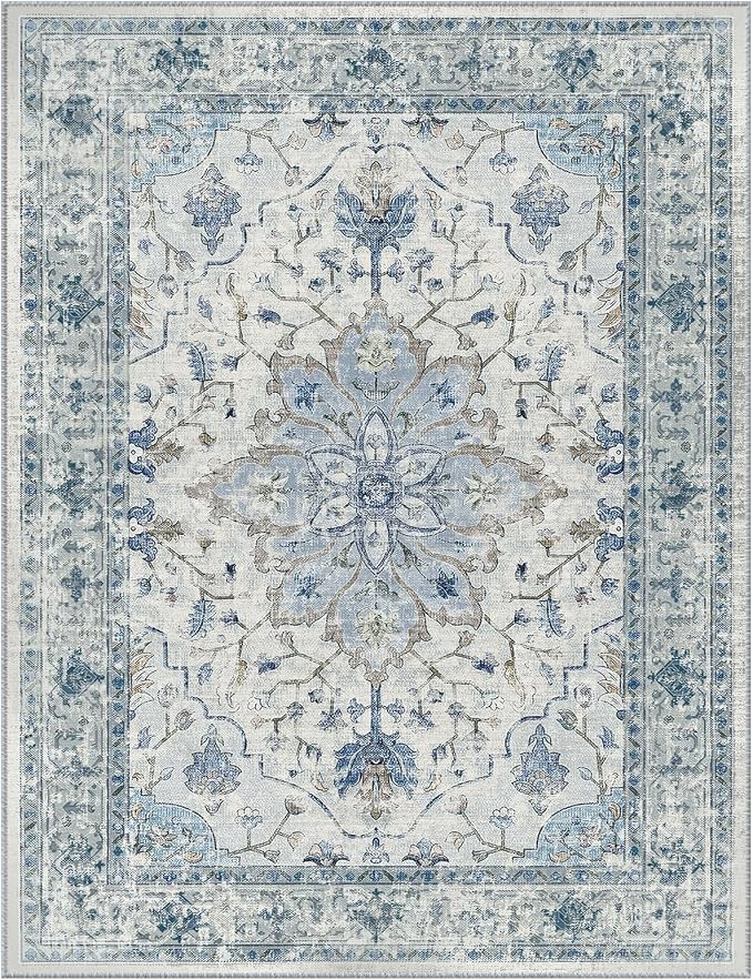 RELEANY Area Rugs Runner 3'x20' Washable Non-Slip, Floral Vintage Distress Medallion Carpet for Kitchen Hallway Bedroom Beside Laundry Room Bathroom, Light Blue Navy Gray White