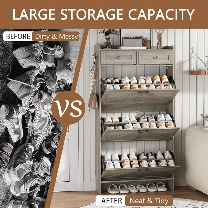 Shoe Cabinet with 3 Flip Drawers & 2 Top Drawers, 57" Tall Freestanding Narrow Wooden Shoe Storage Organizer for Entryway, Hidden Slim Shoe Rack for Front Door Entrance, Hallway, Living Room, Grey
