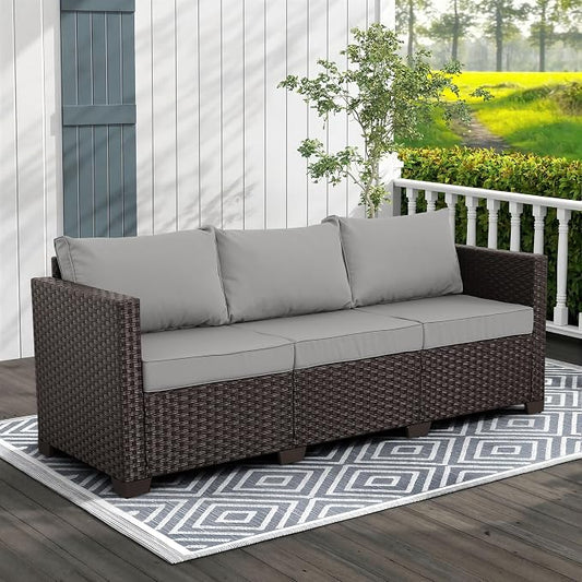 WAROOM Patio Couch PE Rattan 3-Seat Outdoor Sofa Brown Wicker Furniture Set Deep Seating with Anti-Slip Grey Cushion