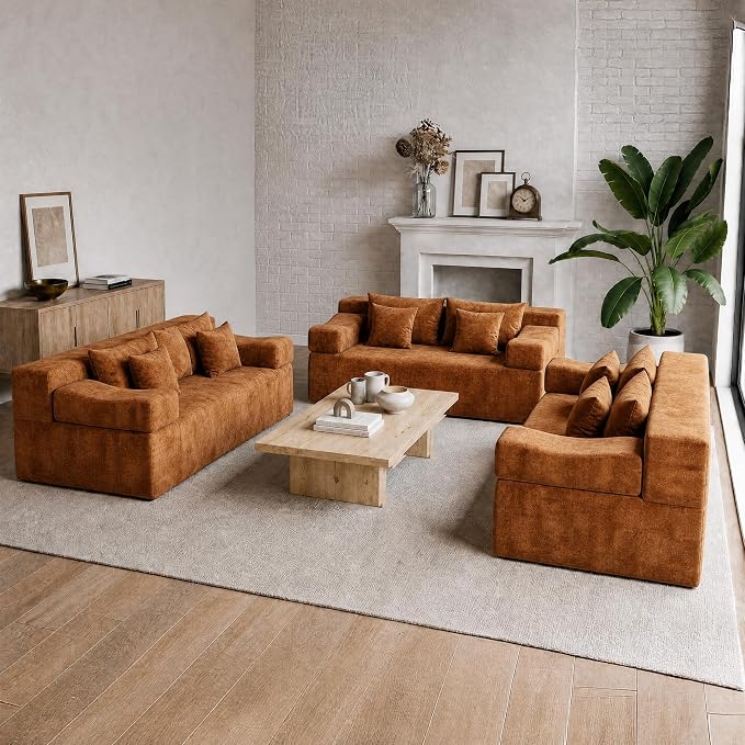 MONVANE 3-Piece Boneless Loveseat Couch Set for Living Room, Oversized Modular Sectional Sofa Set with Removable Armrests, Comfy Chenille Cloud Couch with 12 Pillows, No Assembly Required, Orange