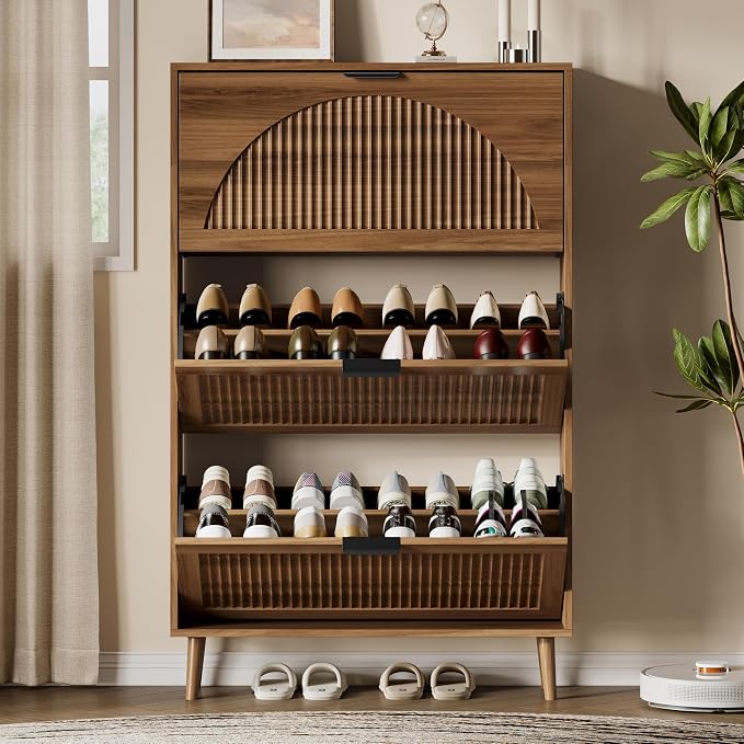 Xixini Shoe Storage Cabinet with 3 Flip Drawers, 50" Tall Narrow Wood Fluted Shoe Organizer for Entryway, Freestanding Wooden Hidden Slim Shoe Rack for Front Door Entrance, Hallway, Foyer, Dark Walnut