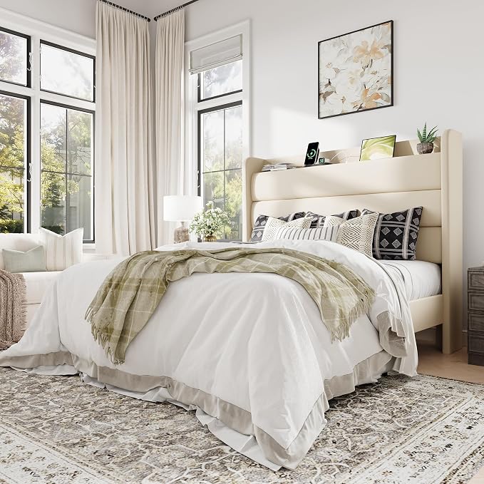 Allewie Full Size Upholstered Bed Frame with Charging Station & Storage Headboard, Soft Velvet Wingback Platform Bed, Strong Wooden Slats Support, No Box Spring Needed, Easy Assembly, Cream
